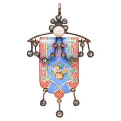 Antique Victorian 18k Gold and Silver Diamond and Enamel Floral Banner Pendant