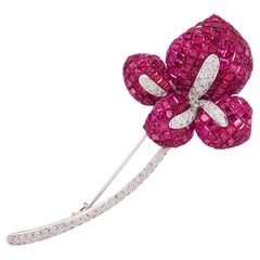 Vintage 18k White Gold Invisible Set Ruby and Diamond Flower Brooch