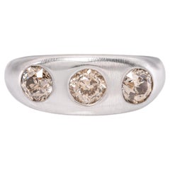 Vintage 10k White Gold Old European Cut Champagne Diamond Three Stone Ring