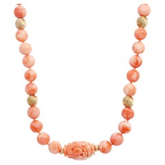 14k Yellow Gold Salmon Coral Beaded Necklace with Carved Centerpiece
