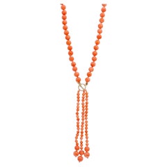 14k Yellow Gold Salmon Coral Beaded Tassel Necklace