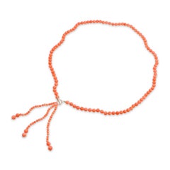 14k Yellow Gold Salmon Coral Beaded Tassel Necklace