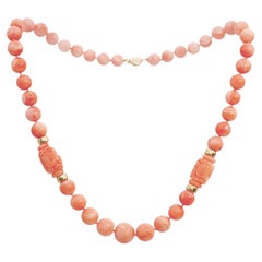 14k Yellow Gold Salmon Coral Graduated Bead Necklace with Carved Accents