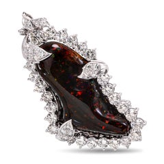 14k White Gold Precious Chocolate Mexican Opal and Diamond Pendant Brooch