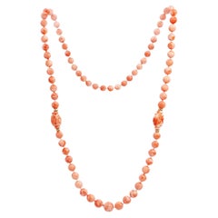 14k Yellow Gold Salmon Angel Skin Coral Beaded Necklace with Carved Accents