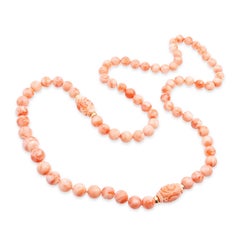 14k Yellow Gold Salmon Angel Skin Coral Beaded Necklace with Carved Accents