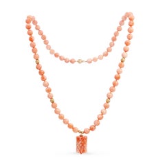 14k Yellow Gold Salmon Coral Beaded Necklace with Carved Coral Pendant