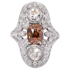 Antique Edwardian Platinum GIA 2.55ct Cognac OMC Diamond & OEC Diamond Ring