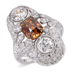 Antique Edwardian Platinum GIA 2.55ct Cognac OMC Diamond & OEC Diamond Ring