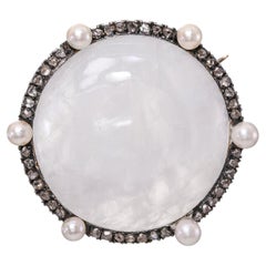 Broche victorienne en or 14 carats et argent, avec pierre de lune, diamant taille rose et perle