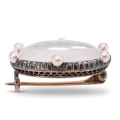 Broche victorienne en or 14 carats et argent, avec pierre de lune, diamant taille rose et perle