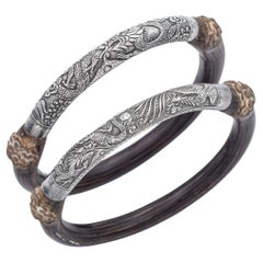 Set of 2 Antique Silver & Rattan Dragon and Phoenix Bangle Arm Bands