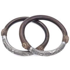 Set of 2 Antique Silver & Rattan Dragon and Phoenix Bangle Arm Bands