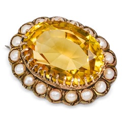 Antique Silver and Yellow Gold Citrine and Pearl Brooch