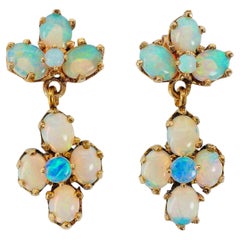 Vintage 14k Yellow Gold Opal Cluster Drop Earrings