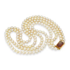 Vintage Ming 14k Yellow Gold Pearl & Orange Jade Double Strand Necklace