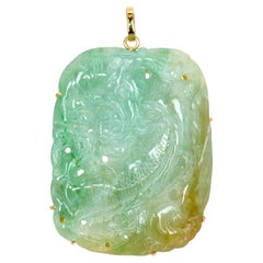 Vintage 18k Yellow Gold Jadeite Carved Dragon Pendant