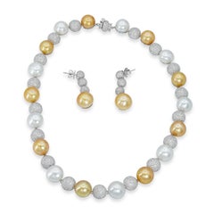 18k White Gold White & Golden Pearl and Pavé Diamond Necklace and Earrings Set