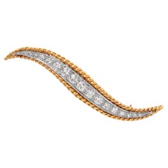 Vintage Van Clef & Arpels Platinum & 18k Yellow Gold Diamond Wave Brooch