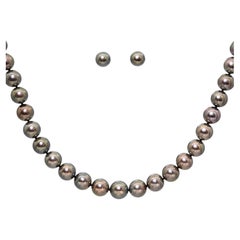 Mikimoto 18k White Gold Black South Sea Pearl Necklace and Stud Earrings Set