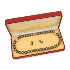 Mikimoto 18k White Gold Black South Sea Pearl Necklace and Stud Earrings Set