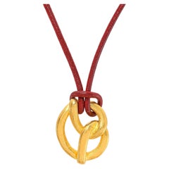 Vintage Yossi Harari 24k Yellow Gold Pretzel Pendant Leather Cord Necklace
