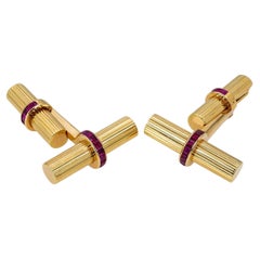 Vintage Tiffany & Co. 14k Yellow Gold Ruby Reeded Cufflinks