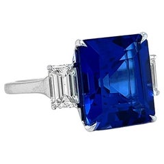 9.85 Carat T.W. Natural Mined Tanzanite Diamond 3 Stone GIA Ring 18KT White Gold