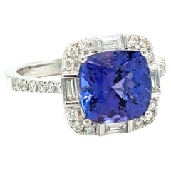 9mm, Tanzanite Diamond ring in Cushion-shape 14K White Gold