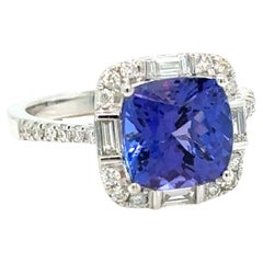 9mm, Tanzanite Diamond ring in Cushion-shape 14K White Gold