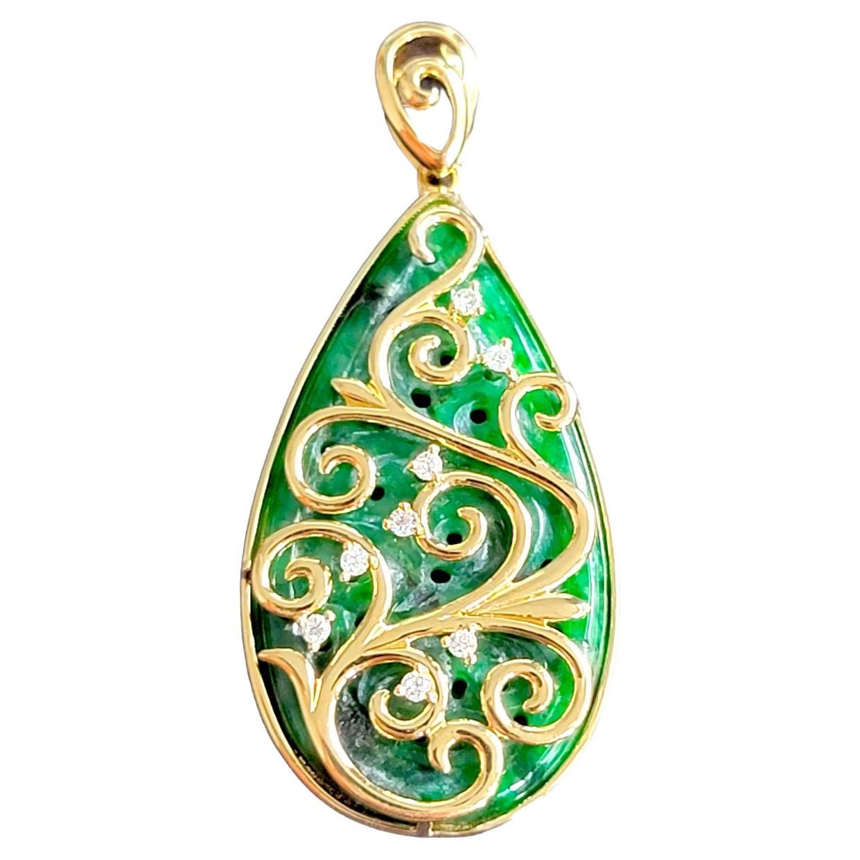 Pendentif Gardens of Babylon certifié A-Jadeite birmane, or blanc 18 carats, diamants