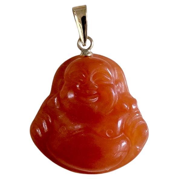 Red Jade Hong Laughing Buddha Pendant (With 14K Yellow Gold) For Sale