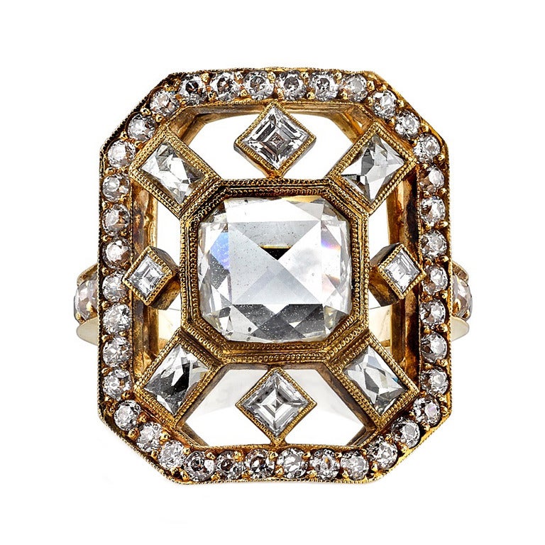 Rose Cut Asscher Diamond Gold Statement Ring