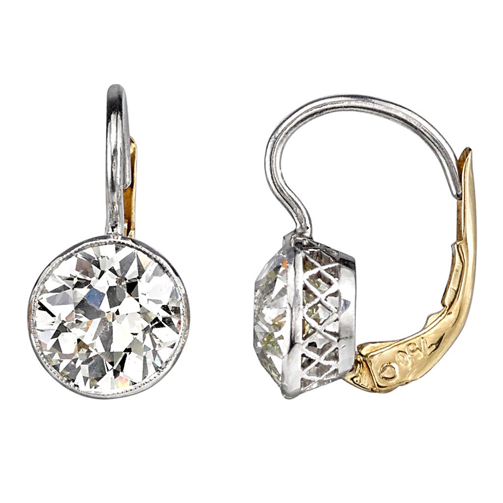 4.08 Carat Old European Cut Diamond Gold Platinum Dangle Earrings