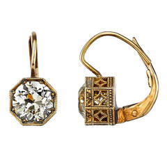 2.05 Carat Geometric European Cut Diamond Gold Earrings