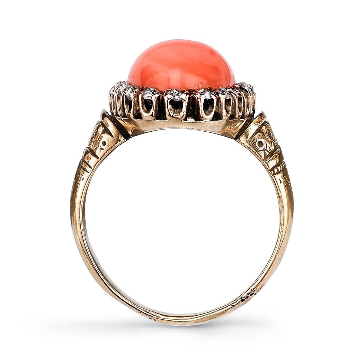 Victorian Coral Diamond Gold Navette Style Ring In Good Condition In Los Angeles, CA