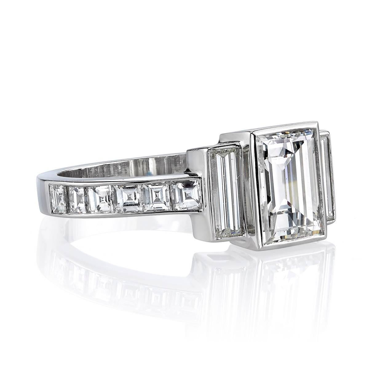 1.42ct H/VS1 GIA certified Step cut diamond set in a handcrafted platinum mounting. 0.37ctw Baguette cut accent diamonds flank the center stone and 0.64ctw Carre cut diamonds sit along both sides of the shank.

Ring is currently size 6. Please