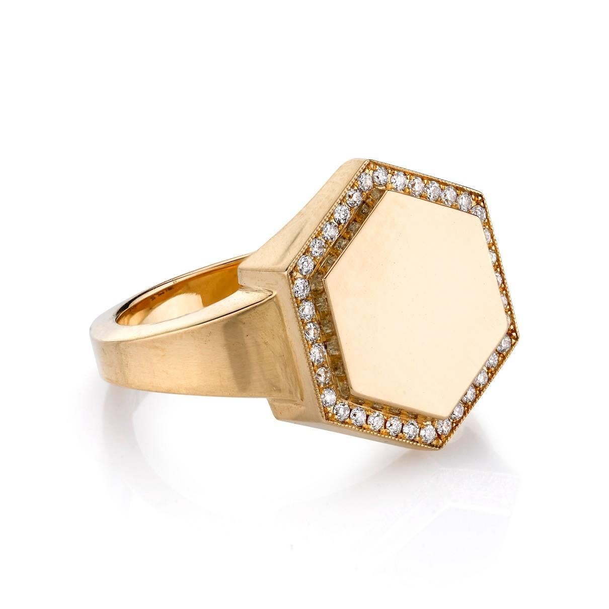 Vintage inspired 18k yellow gold hexagon signet ring with 0.15ctw old European cut diamond pave frame. Ring includes engraving of up to three letters, please inquire to specify.

Ring is currently size 6. Please contact us about potential
