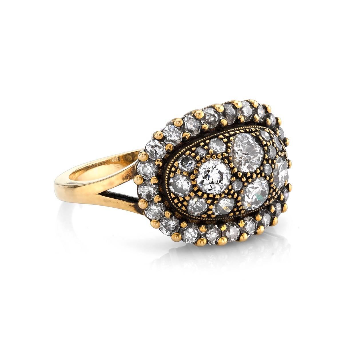 1.40ctw old European, old Mine, Round Brilliant, Single cut and vintage Cushion cut diamonds set in hand crafted 18K oxidized yellow gold mounting. 