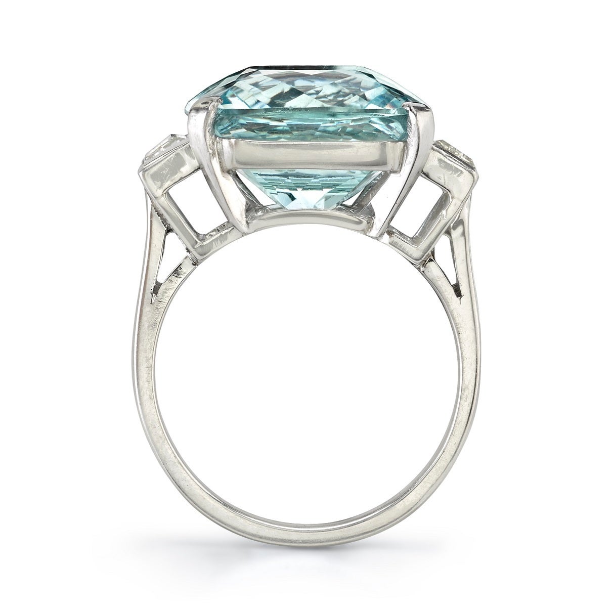 10.74ct Cushion cut Aquamarine with 1.00ctw Baguette accent diamonds set in a vintage platinum mounting. Circa 1940. An incredible Art Deco ring.