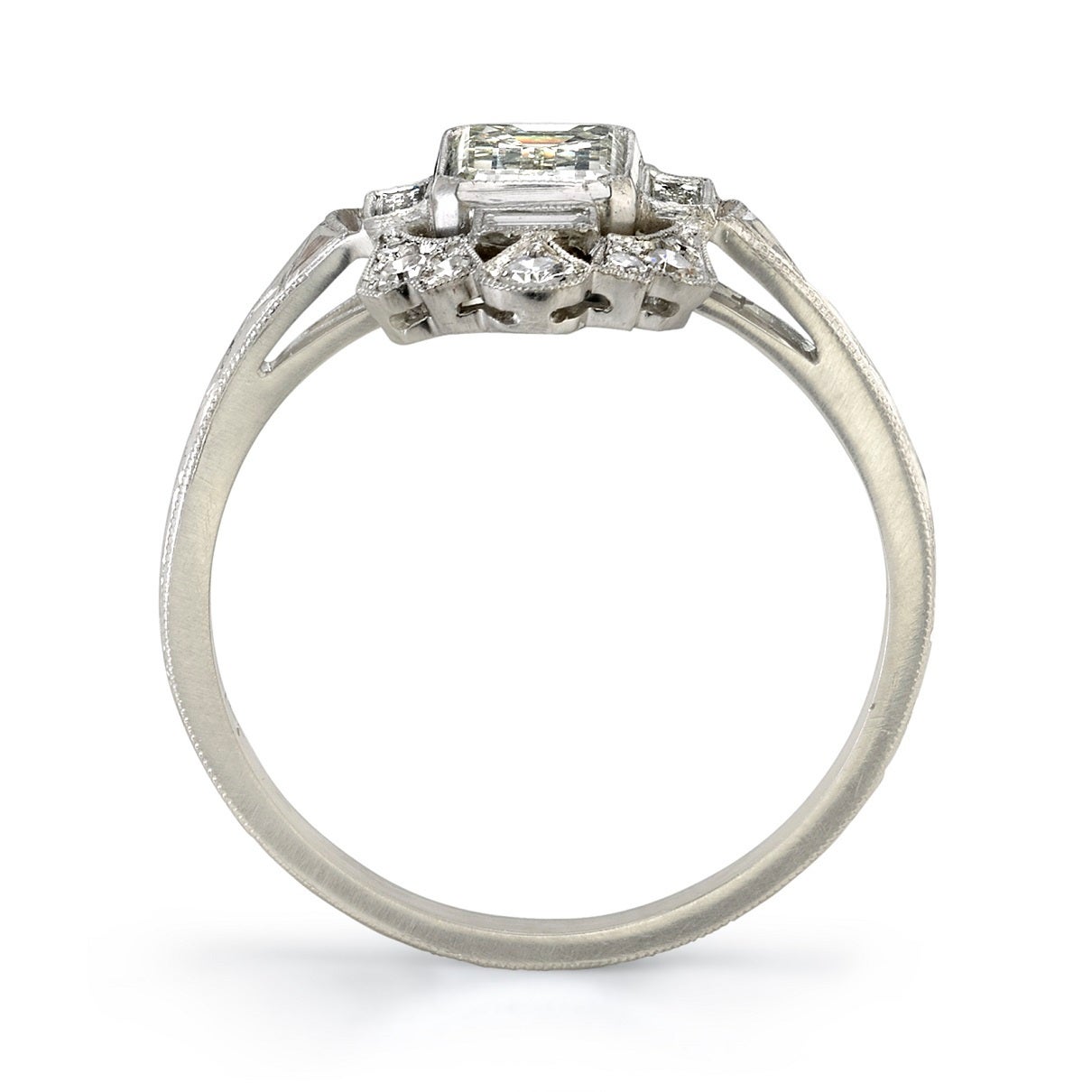 Intricate Emerald Cut Diamond Engagement Ring In New Condition In Los Angeles, CA