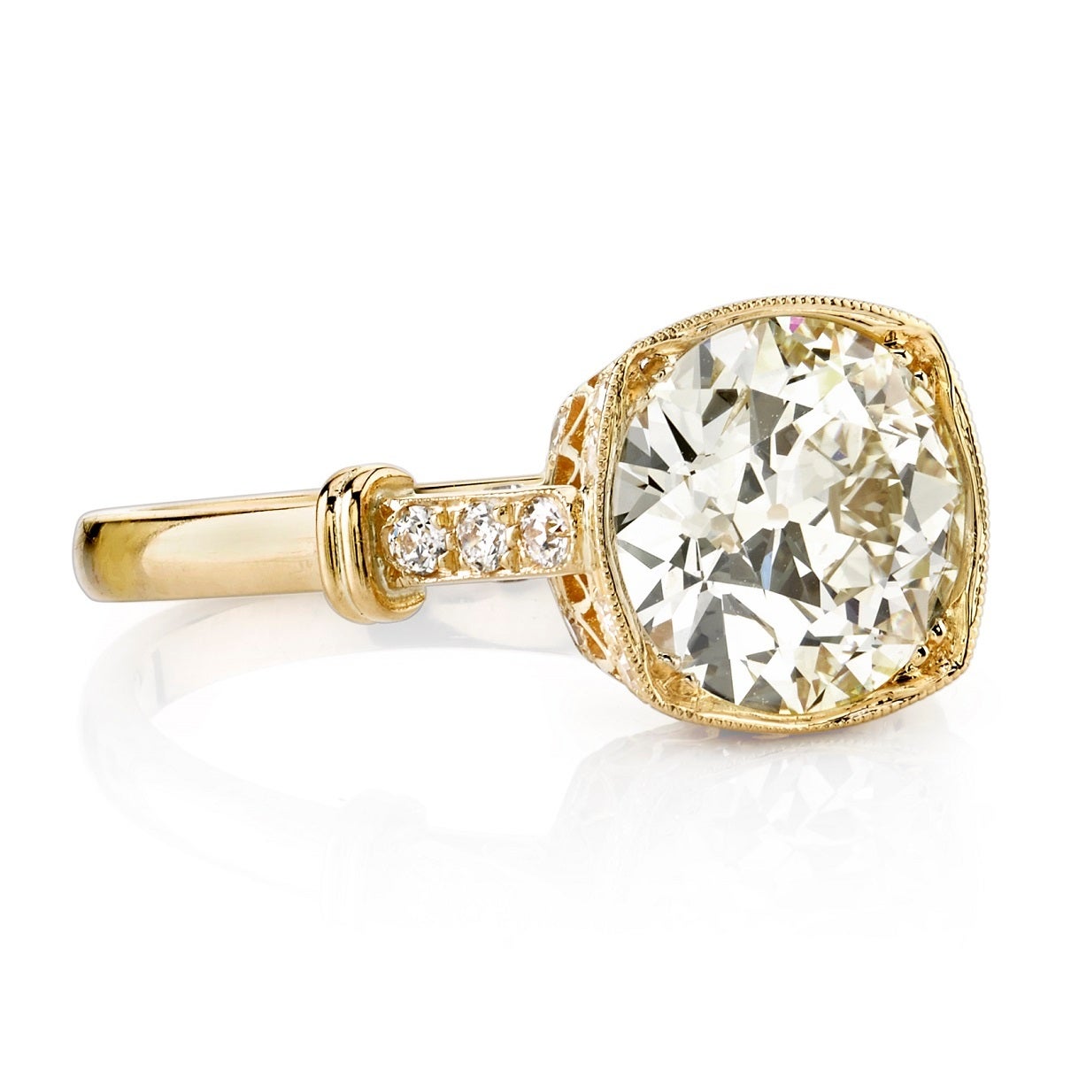 2.04ct OP/VVS2 GIA certified old European cut diamond set in a handcrafted 18K yellow gold mounting. A classic design featuring a detailed gallery, illusion top, and architectural elements.