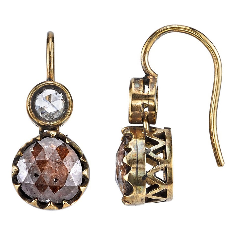 Rustic Diamond Gold Dangle Earrings For Sale at 1stdibs