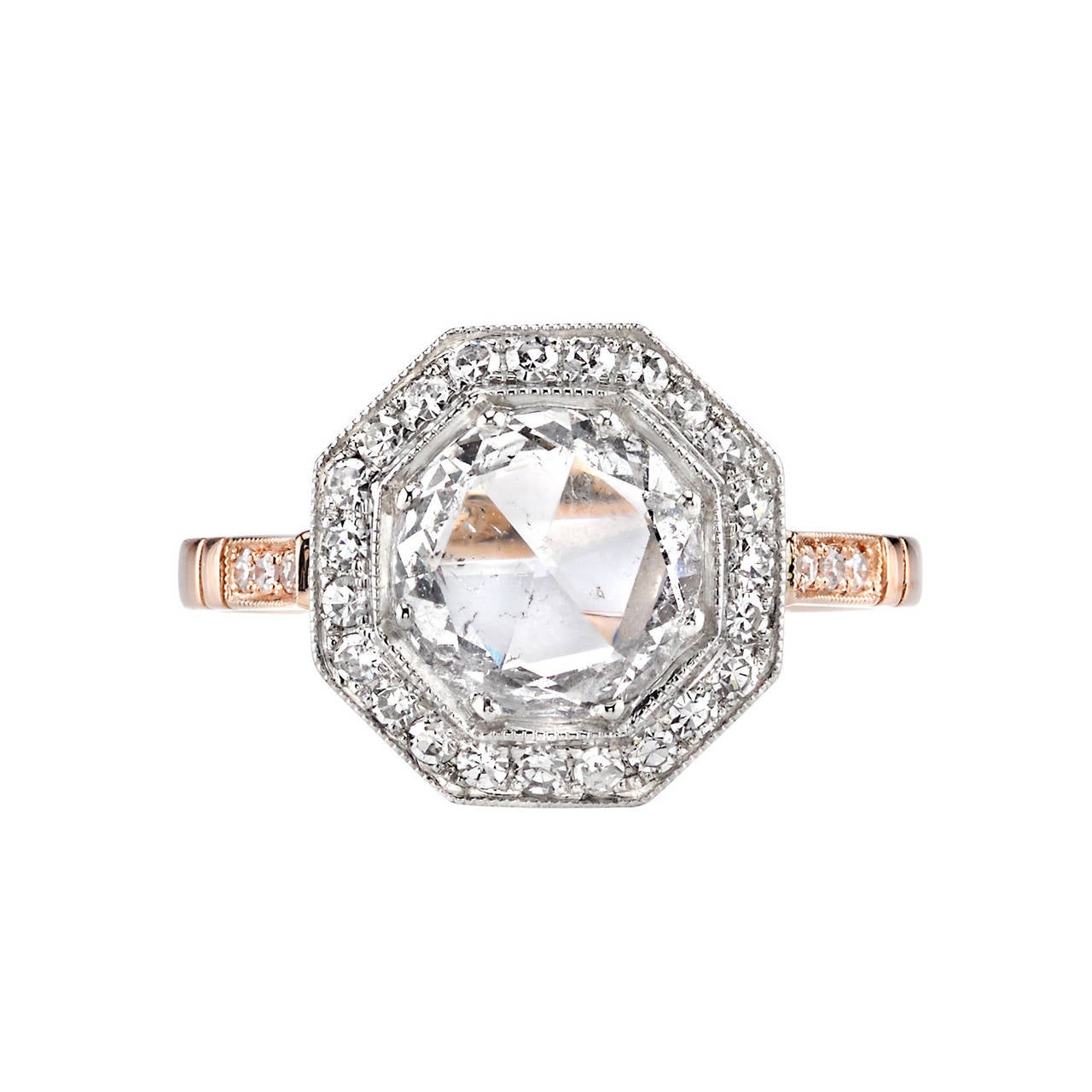 Beautiful Rose Cut Diamond Two Color Gold Platinum Engagement Ring