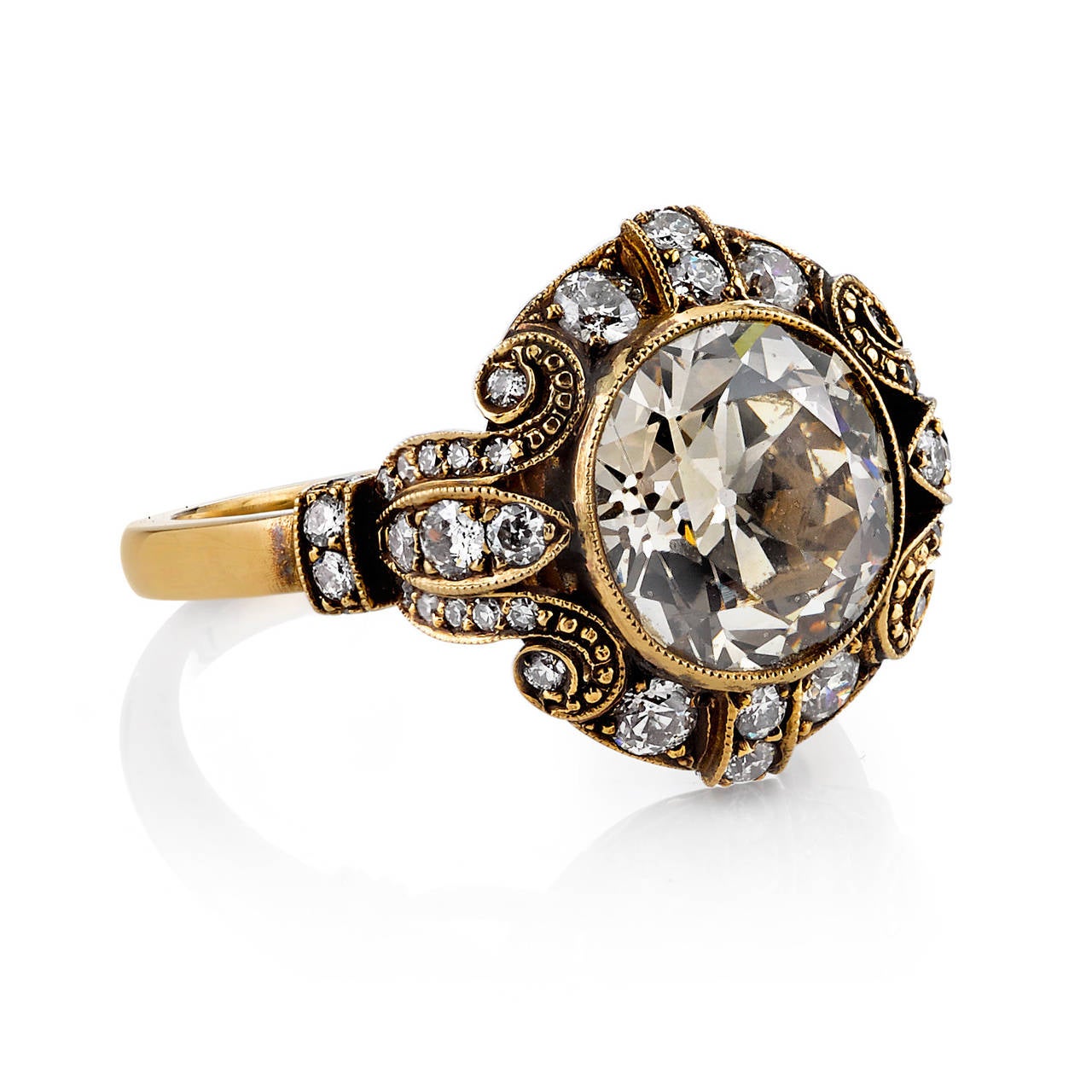 3.07 Carat Old Mine Cut Diamond Gold Engagement Ring