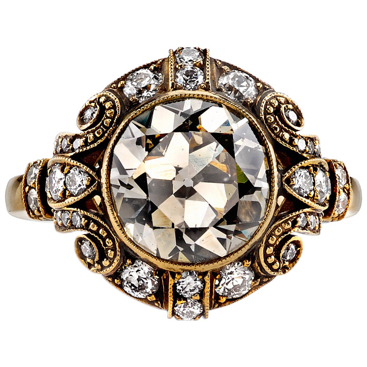 3.07 Carat Old Mine Cut Diamond Gold Engagement Ring at 1stDibs