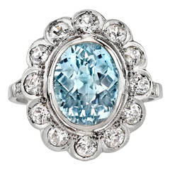 Antique Art Deco Aquamarine Diamond Palladium Cluster Ring