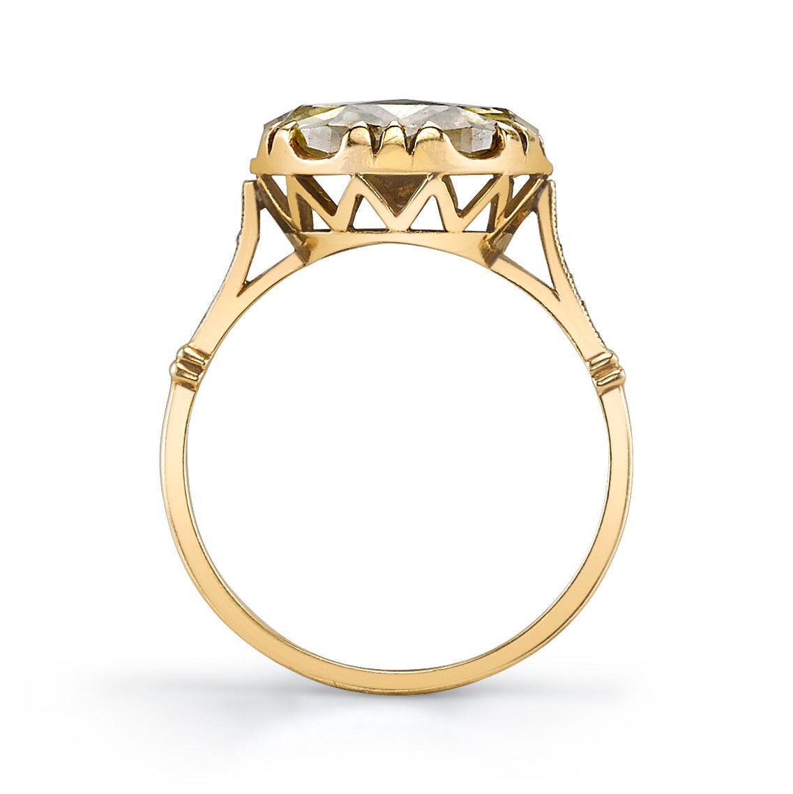 3.12ct Brown-Yellow/SI Rose cut diamond set in a handcrafted 18K oxidized yellow gold mounting. A unique center stone and unusual setting makes this a one of a kind design.