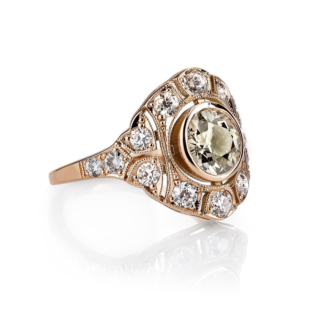 1.24ct Golden Brown/ SI2 old European cut diamond set in a handcrafted 18k rose gold mounting.