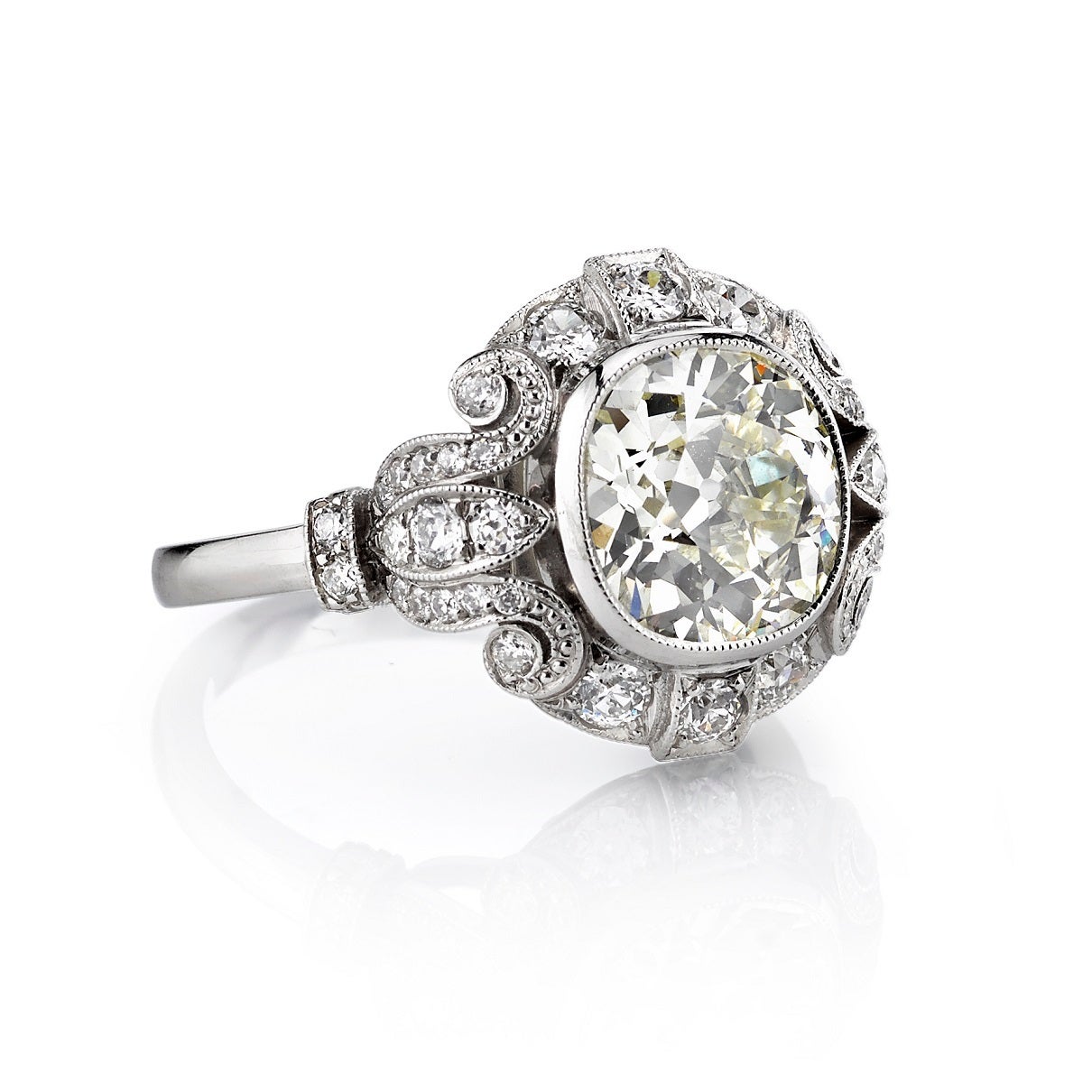 2.69 M/VS1 Cushion cut diamond that is EGL certified and set in a platinum handcrafted 